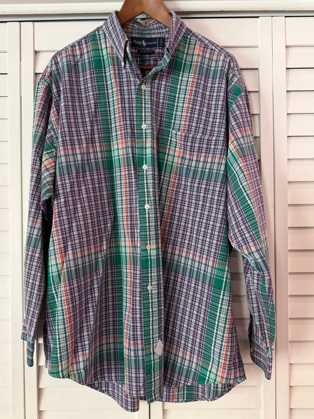 Ralph Lauren Plaid Seersucker Button Down Big Shirt Green Purple Multi - Size L